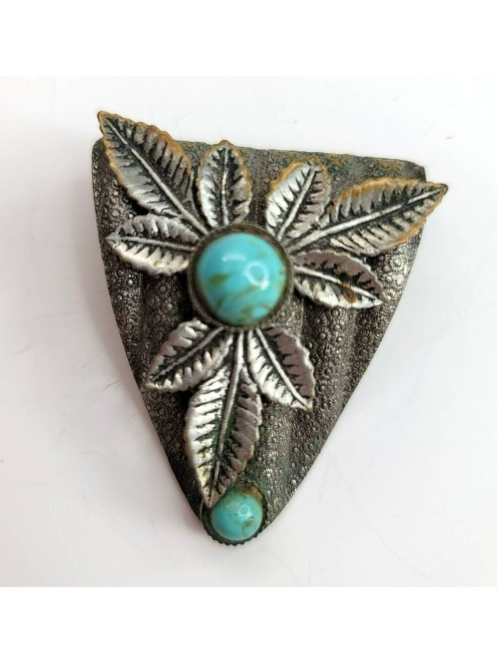 Vintage Dress Clip Faux Turquoise Silver Triangular Floral Leaves Ct512